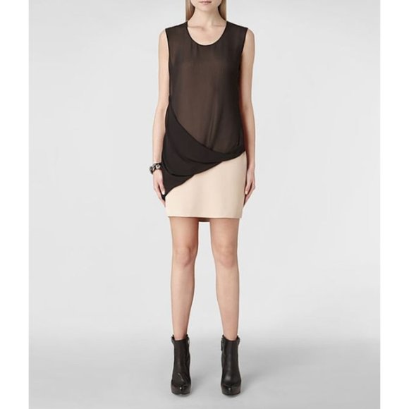 All Saints Afia Dress Twist Sleeveless Crew Neck Shift Mini Black Nude Size 2 - Picture 1 of 7